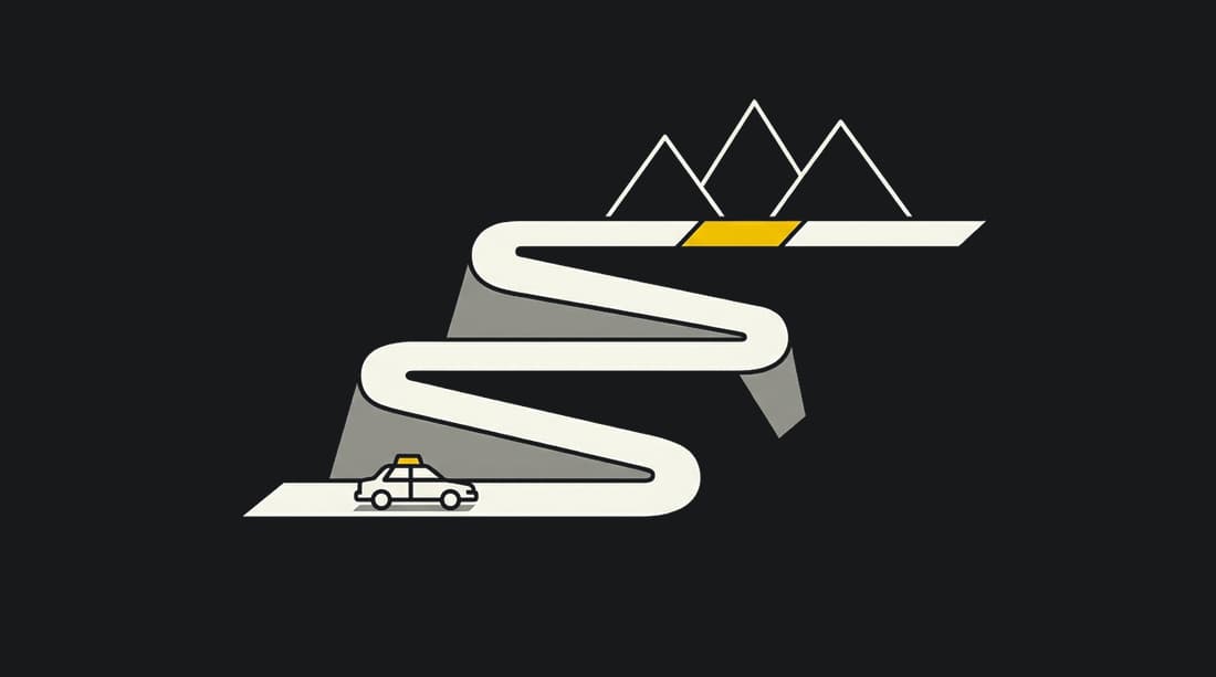 Flat illustration of a hairpin mountain road climbing to a plateau, with a taxi at the foot of the climb