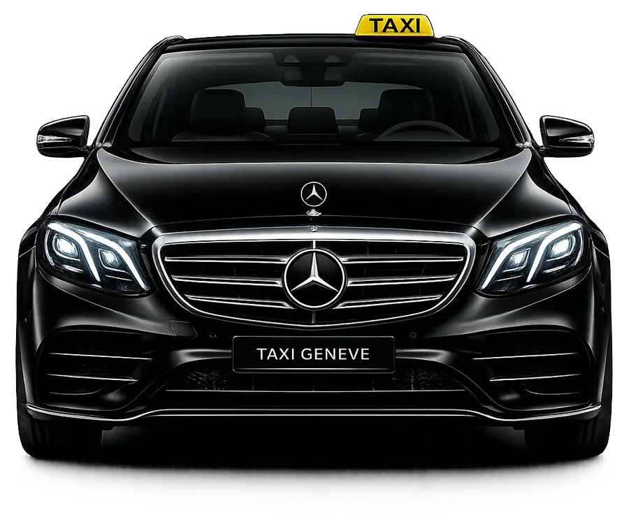 Business car — Taxi Genève vehicle, front view, roof sign lit